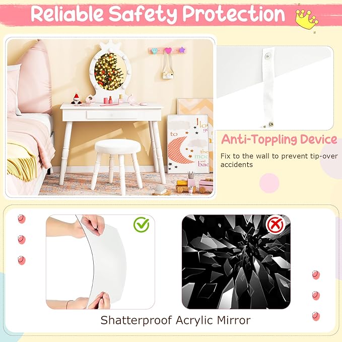 Costzon Kids Vanity, Girls Vanity Set with Mirror and Stool and Lights, Drawer, 2 in 1 Wooden Toddler Makeup Vanity Desk Dressing Table, Kids Vanity Table and Chair Set (White)