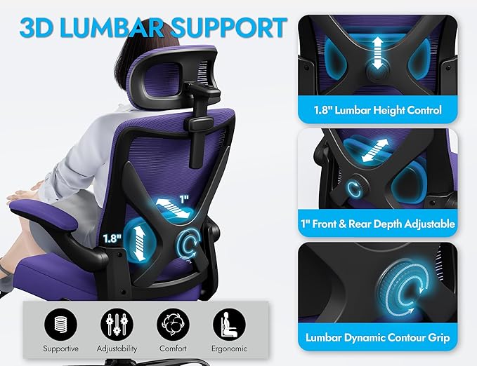 Office Chair - Ergonomic Office Chair with Back Support, Ergonomic Computer Chair - Home Office Desk Chairs, 330lbs Wide Seat Big and Tall Office Chairs with Headrest, Comfy Desk Chairs (Purple)