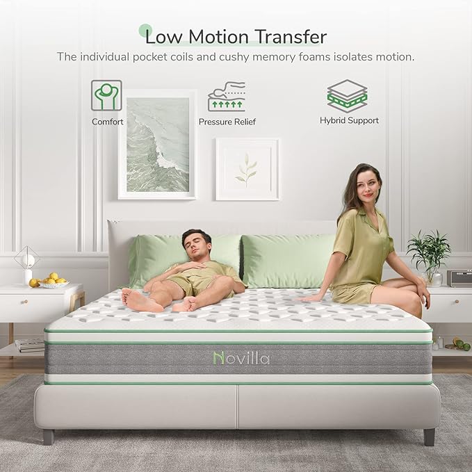 Novilla King Mattress 12 Inch Hybrid Mattress in a Box, Innerspring Mattresses with Gel Memory Foam for a Cool Sleep, Pressure Relief, Medium Firm with Pillow Top, Groove