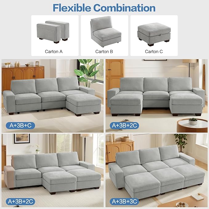 TEKAMON 100" Modular Sectional Sofa with Seats Storage, L Shaped Couch with Movable Ottoman, Chenille Fabric Couch for Living Room, Office, Deep Seat, USB Charging,Removable Cover (Light Grey)
