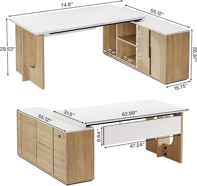 Tribesigns 74.8 Inch Executive Desk, Large Office Desk with Cabinet, L Shaped Computer Desk with Shelves and CPU Storage, Modern Home Office Desks Business Furniture Workstation Set, White and Wood