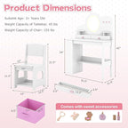 HONEY JOY Kids Vanity with Lights and Open Bookshelf, Cloud Princess Makeup Dressing Desk, Drawers, Wooden Pretend Play Toddler Vanity Table & Chair Set with Lighted Mirror for Little Girls (White)