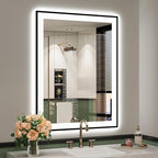 28x36 Inch LED Bathroom Mirror with Lights (Front Lit and Backlit) Black Framed Lighted Vanity Mirror for Bathroom Wall Dimmable Anti-Fog Memory Tempered Glass Horizontal/Vertical