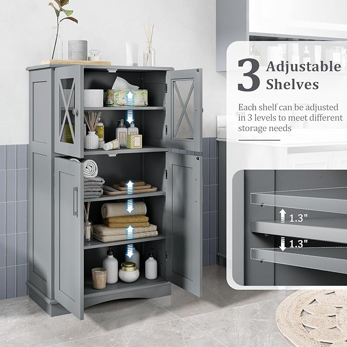 Giantex Bathroom Floor Storage Cabinet - Linen Floor Cabinet with Doors and Adjustable Shelves, Freestanding Side Storage Organizer for Bathroom, Living Room, Entryway, Kitchen Storage Unit (Grey)