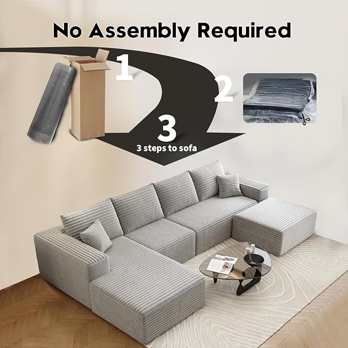 135.4" Cloud Sectional Couch with 1 Ottoman,Modern Modular Sofa with Deep Seat, Comfort U Shaped Sofa Couches for Living Room Bedroom Apartments,No Assembly Required, (Grey,Left Facing Chaise)