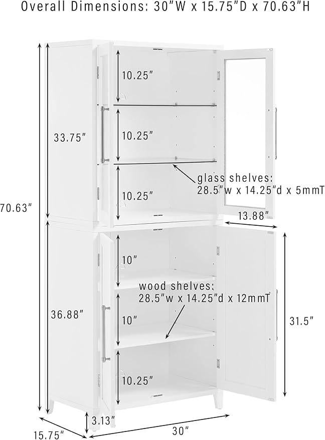 Crosley Furniture Roarke Glass Door China Hutch Kitchen Pantry Storage Cabinet with Doors and Shelves, White