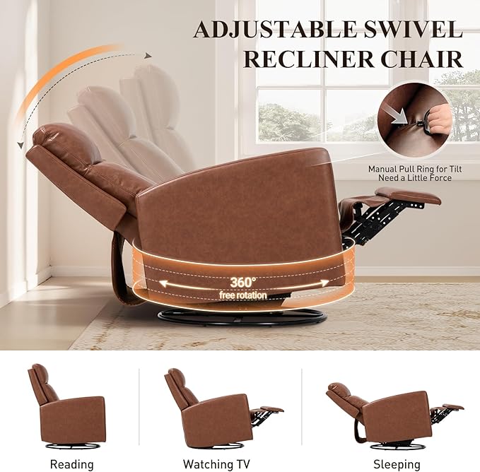 COLAMY Recliner Chair Set of 2, PU Leather 360° Swivel Rocker Recliner, Nursery Glider Recliner with Ergonomic High Backrest and Upholstered Deep Seat for Living Room, Bedroom, Color Cocoa