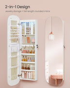 SONGMICS Jewelry Organizer, LED Jewelry Cabinet Wall/Door Mounted, Lockable Rounded Wide Mirror with Storage, Christmas Gift, 3.9 x 16.5 x 55 Inches, White Surface with Greige Lining