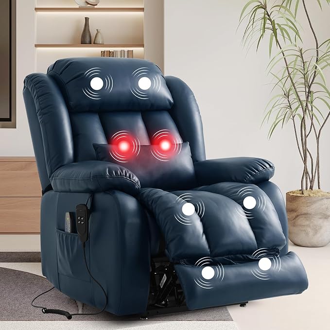 TEKAMON Power Lift Recliner Chair for Elderly with Heat & Massage, Dual Motor Genuine Leather Recliner, Lay Flat Sleeping Chairs with Infinite Position, RemoteControl(Deep Blue, Extended)