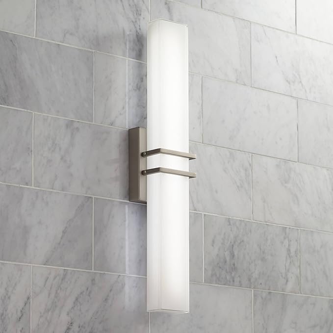 Possini Euro Design Exeter Modern Wall Mount Light LED Brushed Nickel Silver Metal 24" Wide Vanity Bar Fixture Rectangular Silk Screened Glass Shade Decor for Bathroom Over Mirror House Home