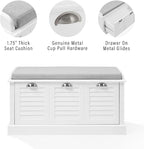 Crosley Furniture Ellison Entryway Storage Bench with Shoe Rack Organizer Drawer, White with Gray Cushion