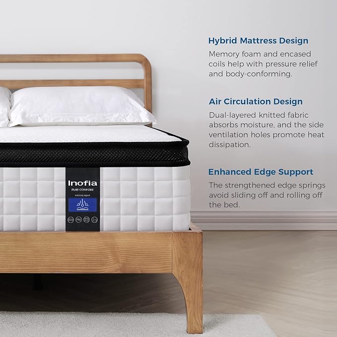 Inofia Full Mattress 12 inch - Hybrid Full Size Mattresses Cool Bed with Waterproof Rayon Mattress Protector Included, Medium Firm Feel, Motion Isolation, 101 Nights Trial