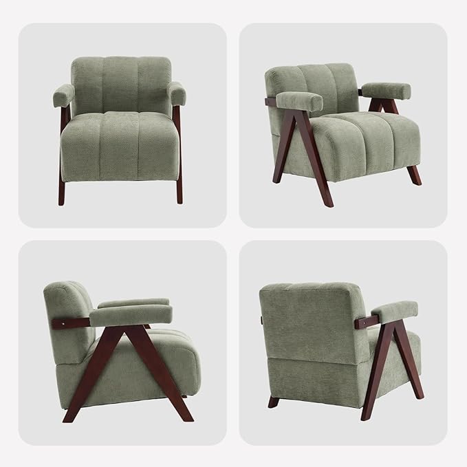 Accent Chair Mid-Century Modern with Wide Backrest for Bedroom, Upholstered Living Room Chair with Wooden, Lounge Armchair with Thick Cushion, Cute Chenille Comfy Chair, Sage