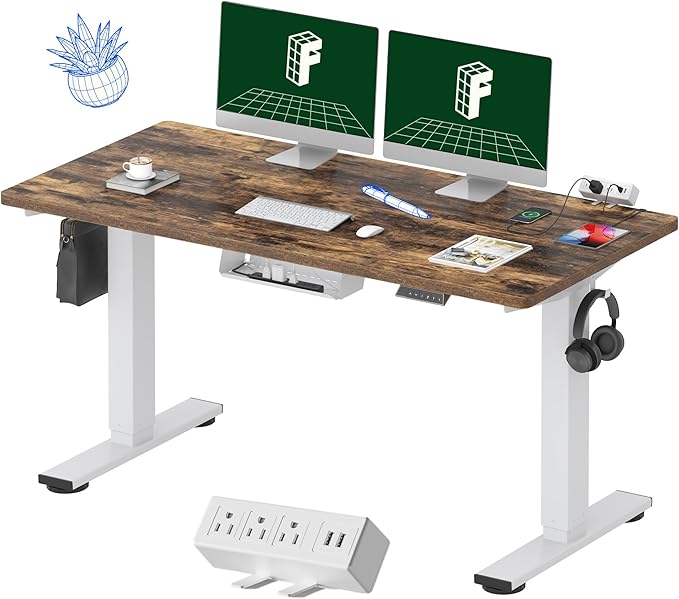 FLEXISPOT EN2 Whole-Piece Standing Desk with Clamp Power Strip, 55 x 28 Electric Stand Up Height Adjustable Desk with Cable Management (White Frame + 55" Rustic Brown Desktop, 2 Packages)