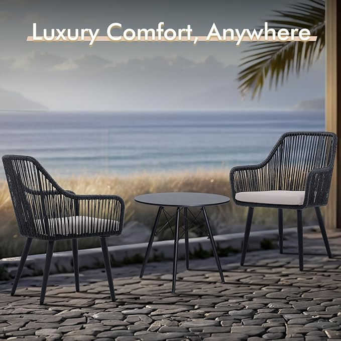 JOIVI Patio Dining Chairs Set of 2, Outdoor Rattan Chairs with Armrest and Cushions for Outside Lawn, Garden, Backyard, Indoor, Outdoor Dining Chairs, 350lb Weight Capacity, Black Patio Chairs