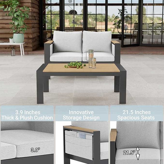 Corinth 2-Piece Aluminum Patio Conversation Set - Outdoor, Porch, Balcony, Yard, Gardern, All Weather,1 Ergonomic Design Love Sofa and 1 Coffee Table, White