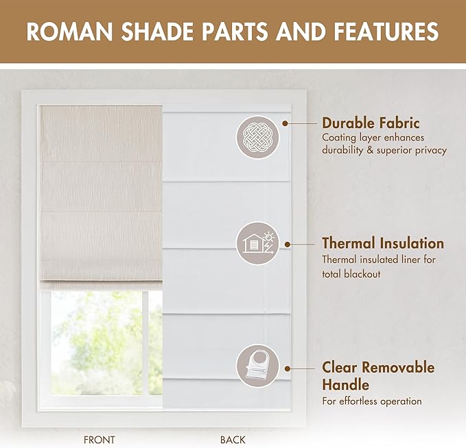 Madison Park Cordless Roman Shades, Total Blackout Window Blind Privacy Window Shades, Thermal Insulated Cordless Window Treatment for Bedroom, Living Room, Quincy, Single Panel 27" W X 64" H Linen