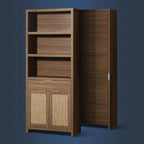 Hampstead Bookcase, Rattan Bookcase with Doors Cabinet and Drawer, 5-Tier Bookshelf, Large Wooden Book Case, Tall Bookshelves for Library Living Room (Special Walnut, 1 Piece)