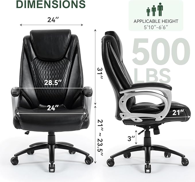 Vogue Furniture Direct Big and Tall Office Chair 500lbs, Heavy Duty High Back PU Leather Desk Chair, Adjustable Height Rolling Wheels Computer Chair for Home Office Work (Black)