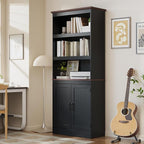 MHOM 71" Tall Bookshelf with Doors, 5 Tiers Farmhouse Bookcase with Adjustable Shelves, Wooden Rustic Display Cabinet for Home Office, Living Room, Black