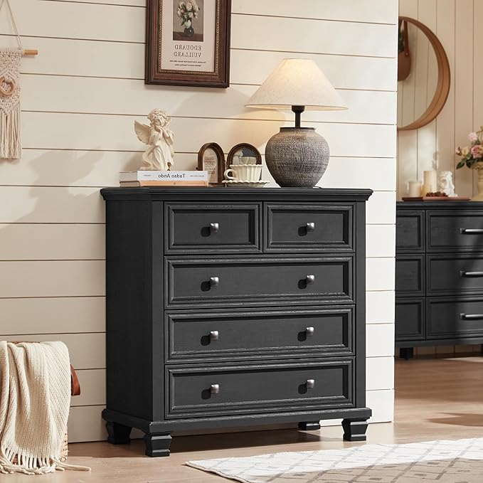 Farmhouse Bedroom Dresser and Nightstand Set of 4, 6 Drawer Tall & 5 Drawers Dresser & 2 Drawer Nightstand Set, Rustic Wood Bedroom Furniture Set for Livingroom, Hallway, Black