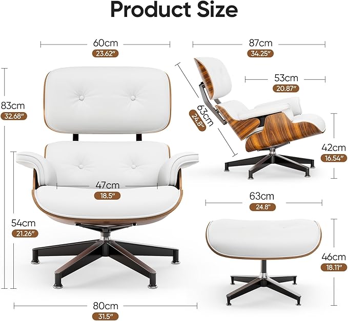 Top White PU Leather, Mid Century Chaise Lounge Chair and Ottoman, Modern Chair Classic Design, Palisander Wood, Heavy Duty Base Support for Living Room Office