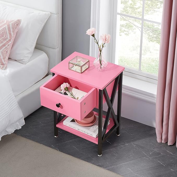 VECELO End Tables, Modern Nightstand with Drawer & Shelf, Night Stand for Bedroom Living Room,Industrial Metal Frame