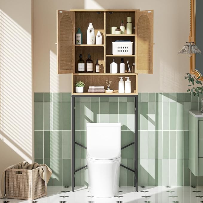Rattan Toilet Storage Cabinet, Over the Rack Wood Cabinet with Metal Stand, Bathroom Organizer with Adjustable Shelf, Tall Freestanding Washer Shelf, Small Cupboard, Space Saver, Natural style