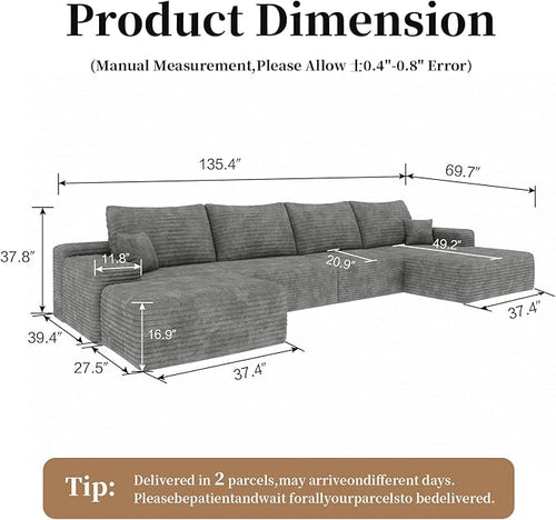 135.4" Oversized Cloud Modular Sectional Sofa, U-Shaped Couches with Ottoman for Living Room, Deep Seat Boneless Couch, 1600lb Weight Capacity, No Assembly Required (Grey, Right Facing Chaise)