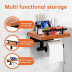 Toilet Paper Holder with Wood Shelf, Wall Mount Toilet Paper Roll Holder with Wooden Shelf and Matte Black Stainless Steel Pipe, Tissue Roll Holder for Bathroom Washroom (Light Brown, 7.9'' x 5.9'')