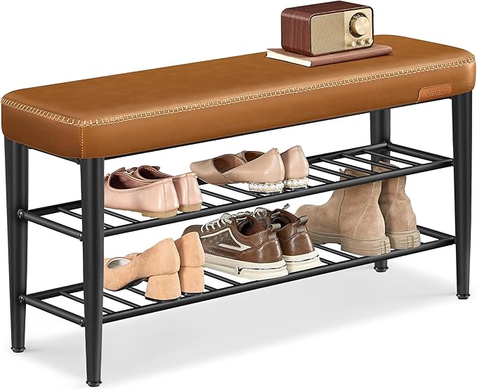 VASAGLE EKHO Collection - Shoe Rack Bench, Storage Bench for Entryway, Synthetic Leather with Stitching, Mid-Century Modern, Loads 300 lb, 11.8 x 39.4 x 19.7 Inches, Caramel Brown ULSB113K01