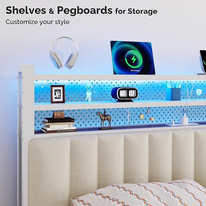VINGLI Queen Size Headboard Only, Adjustable Upholstered Headboard with 3 Tier Shelves and Pegboard with Charging Stations and LED Lights, Modern Bed Headboard with Storage for Bedroom Decor