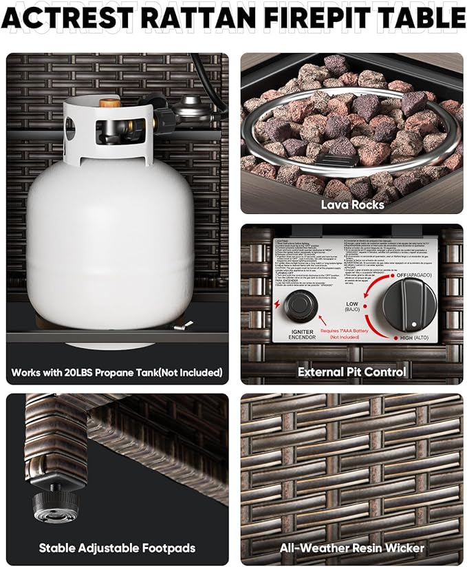 Outdoor Patio Chairs with Fire Pit Table 5 Piece Set - High Back Brown Wicker Rattan Lawn Chair with Thick Cushion for Porch Apartment Deck Yard Poolside Garden - Grey