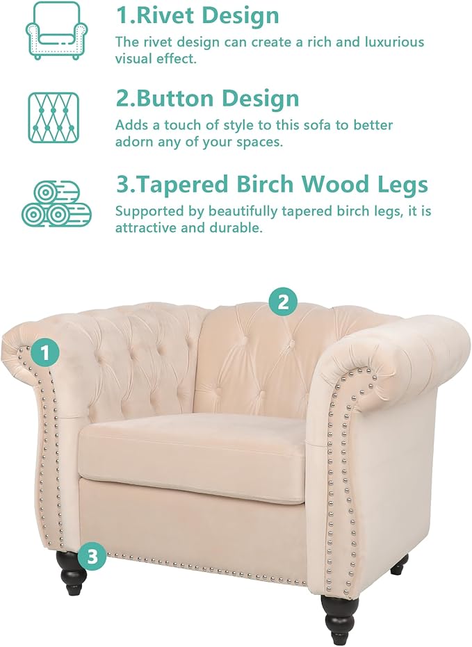 Accent Sofa Chair for Living Room, Mid Century Modern Velvet Upholstered Armchair, Oversized Comfy Single Couch Chair with Cushion, Tufted Chesterfield Sofa Couch for Home, Bedroom, Apartment (Beige)