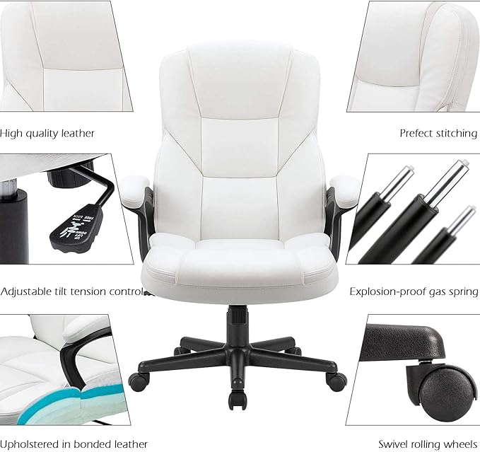 Furmax Home Desk Chair Office Executive Chair High Back Adjustable Managerial,Swivel Computer PU Leather Chair with Lumbar Support (White)