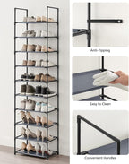 SONGMICS Shoe Rack, 10-Tier Shoe Shelf, Shoe Storage Organizer, 11 x 17.7 x 68 Inches, Metal Frame, Non-Woven Fabric Shelves, for Entryway, Bedroom, Gray ULSH010G01