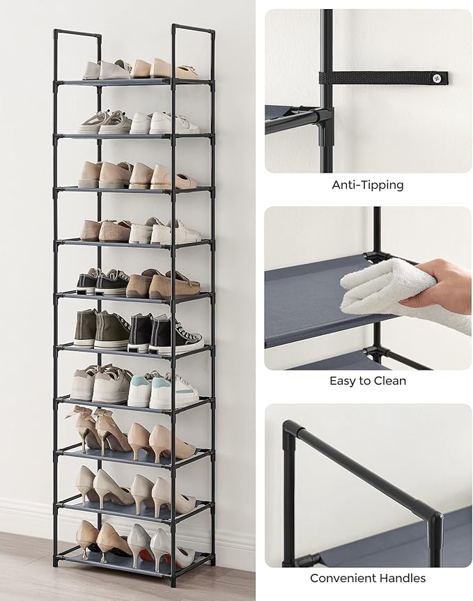 SONGMICS Shoe Rack, 10-Tier Shoe Shelf, Shoe Storage Organizer, 11 x 17.7 x 68 Inches, Metal Frame, Non-Woven Fabric Shelves, for Entryway, Bedroom, Gray ULSH010G01