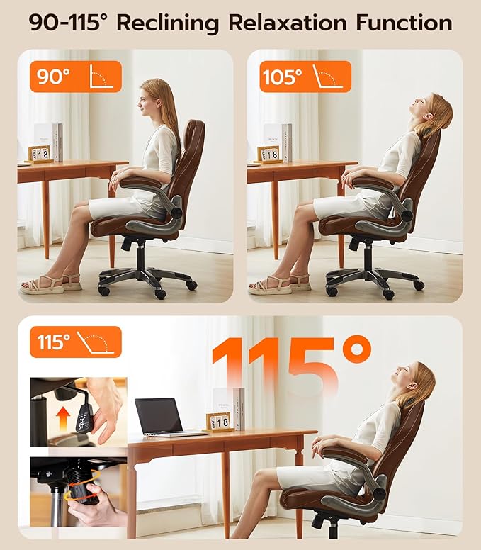 Office Desk Chair, Ergonomic Computer Chair with Padded Flip-Up Arms and Adjustable Lumbar Support, PU Leather Executive Chair with Tilt Lock and 360° Swivel Rolling Wheels for Work, Study