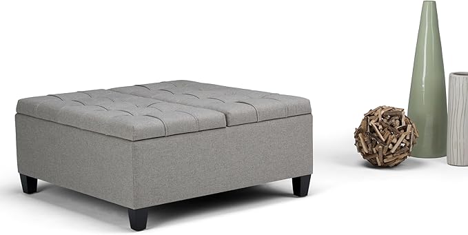 SIMPLIHOME Harrison 36 inch Wide Transitional Square Coffee Table Storage Ottoman in Dove Grey Linen Look Fabric, Assembled, for the Living Room and Bedroom