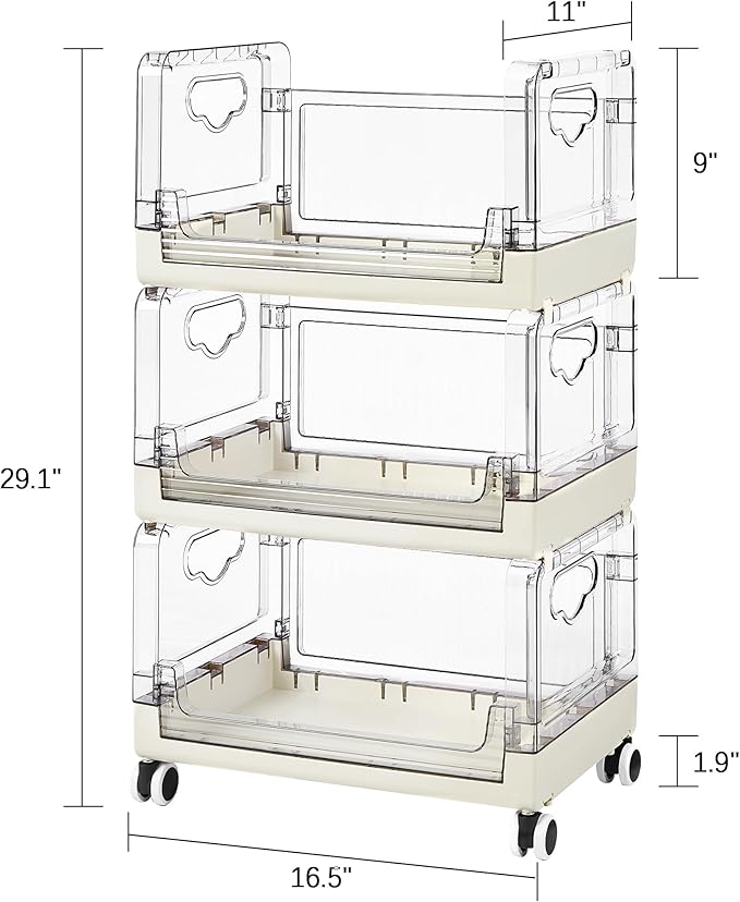 VECELO 3-Tier Fruit and Vegetable Basket, Stackable Kitchen Storage Organization with Wheels, Plastic Rolling Cart with Handles, Wide Open for Kitchen, Pantry, Living Room