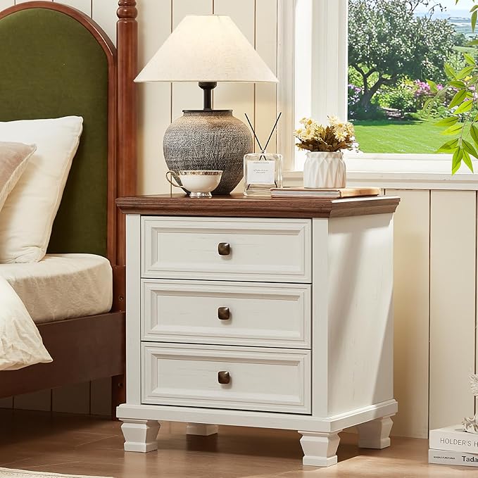 Farmhouse Nightstand Set of 2, Vintage Couch End Table with 3 Drawers & 4 Square Solid Wood Legs, Rustic Bed Side Table with Storage, Small Dresser for Bedroom, Living Room, White