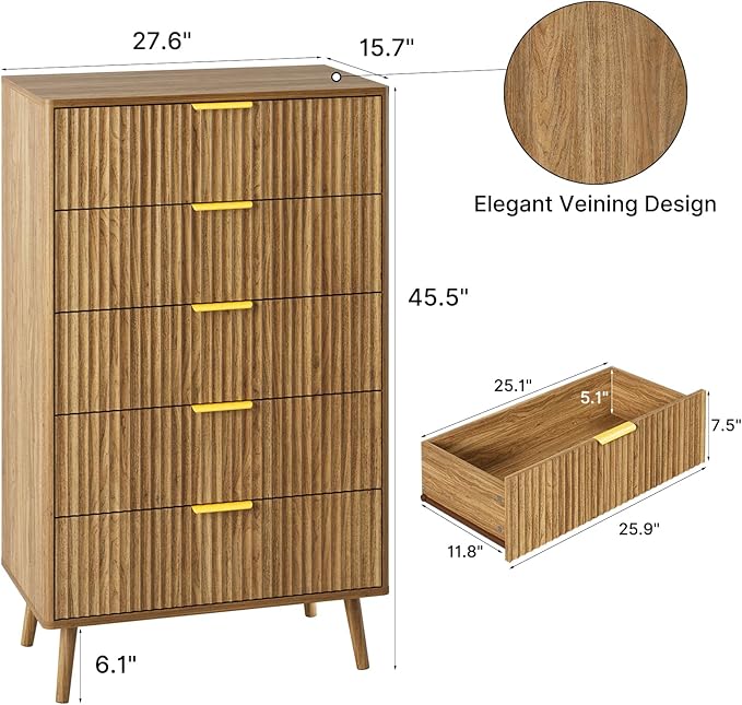 LYNSOM Fluted Dresser and Nightstand Sets 3 Piece, 5-Drawers Dresser and 2-Drawer Nightstands Set of 2, Wood Bedroom Furniture Set for Home, Bedroom, Hallway, Natural Oak