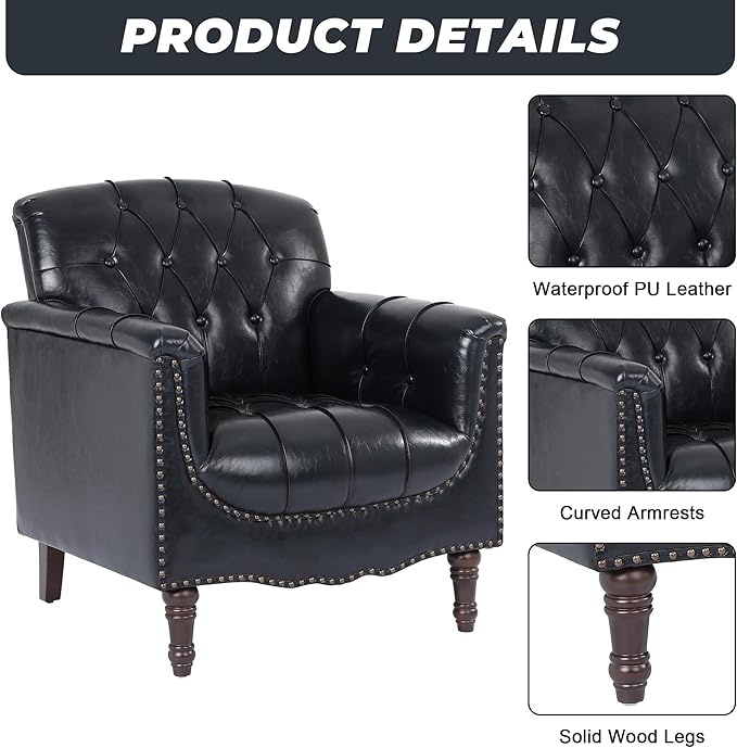 Lumibee Faux Leather Armchairs, Contemporary Accent Chairs Set of 2 with Nailhead Trims & Wood Legs for Living Room, Upholstered Comfy Arm Chairs for Office,Bedroom-Blue Black