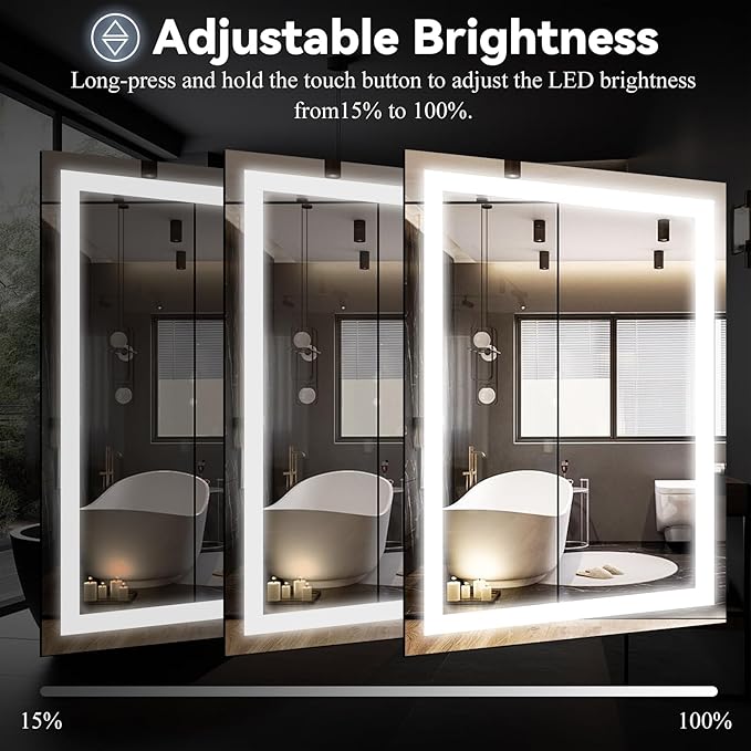 VooBang Bathroom Mirror with Lights 40 x 60 inches - 3 Adjustable Lighting Modes LED Bathroom Vanity Mirror, Anti-Fog, Memory Function, Tempered Glass, Wall Mounted Horizontally Vertically