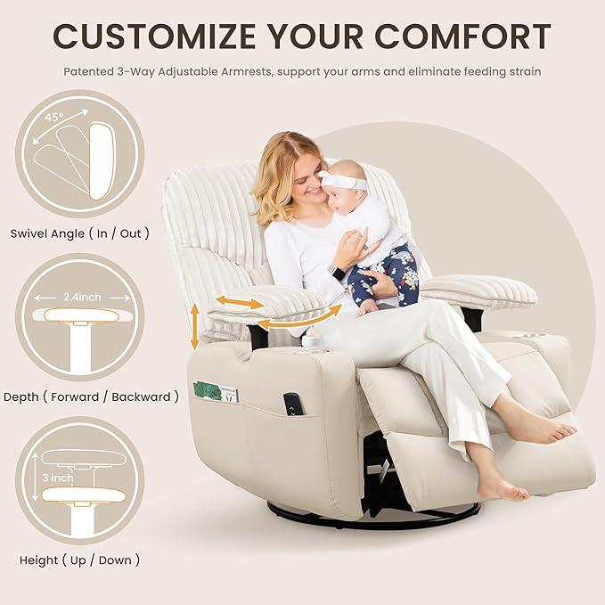 GRAINELL Rocking Chair Nursery, Electric Swivel Recliner Glider with Adjustable Armrests, Nursing Chair with USB Charger, Cup & Blanket Holders, Beige Corduroy & PU Leather