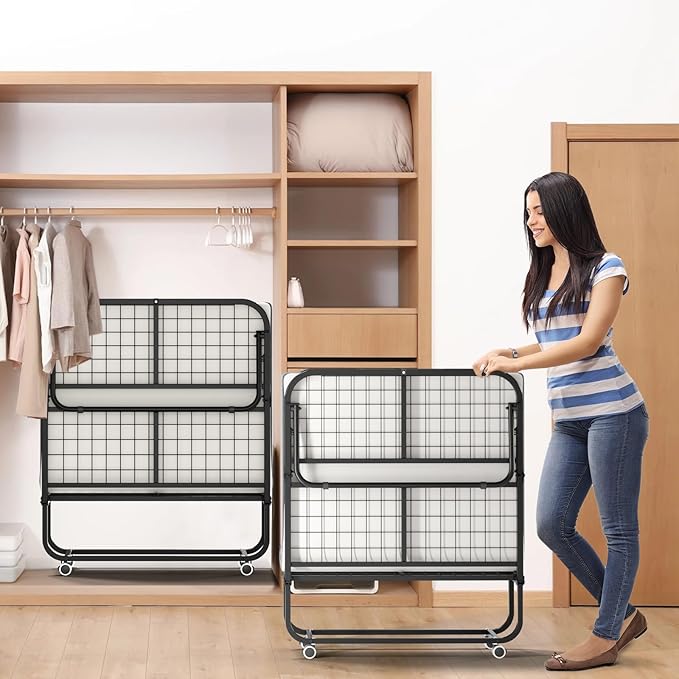 75" x 38" Folding Beds with Mattress for Adults, Portable Foldable Twin Bed with Memory Foam Mattress & Super Strong Frame, Convenient Roll Away Guest Bed for Storage