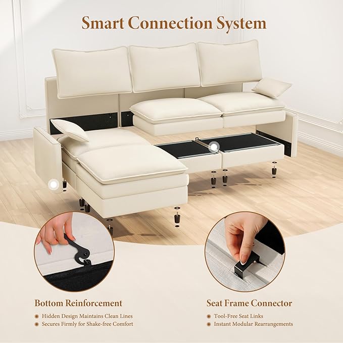 Vesgantti 108" V-Shaped Corner Couch Sectional, 7 Seat Customizable Modular Cloud Couches with Movable Ottoman, Chenille Deep Seat Sofa Set with Chaise for Living Room, Bedroom and Apartment, Beige