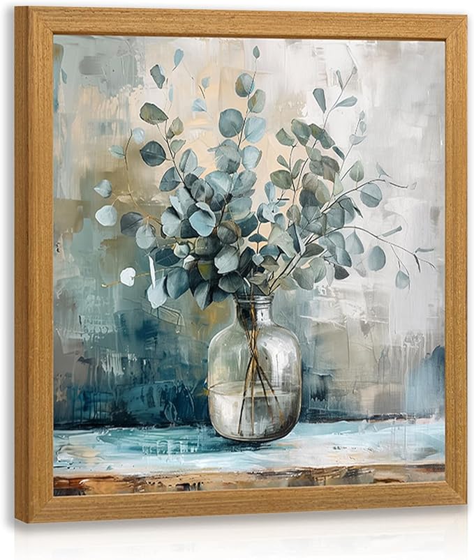 HLXRAE Eucalyptus Leaf Wall Art, Sage Green Botanical Canvas Print, Rustic Farmhouse Bathroom Wall Decor, Soft Blue Floral Aesthetic Picture for Bedroom living Room Wood Framed 16x16 inch