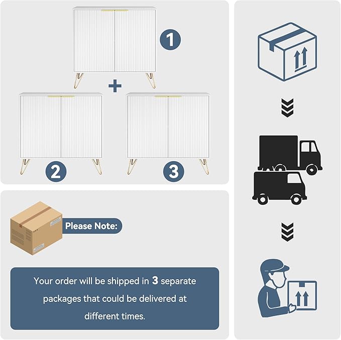 Storage Cabinet Set of 3, White Fluted Cabinet with Adjustable Shelves, Modern Coffee Bar for Kitchen, Living Room and Office