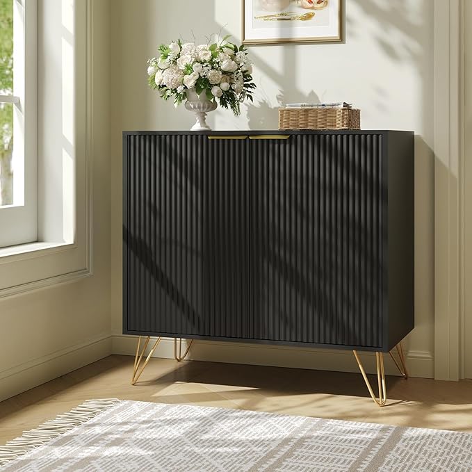 Fluted Storage Cabinet, Set of 3, Sideboard Buffet Cabinet, Modern Wood Accent Cabinet with Adjustable Shelves, Console Table for Living Room, Hallway, Entryway, Black